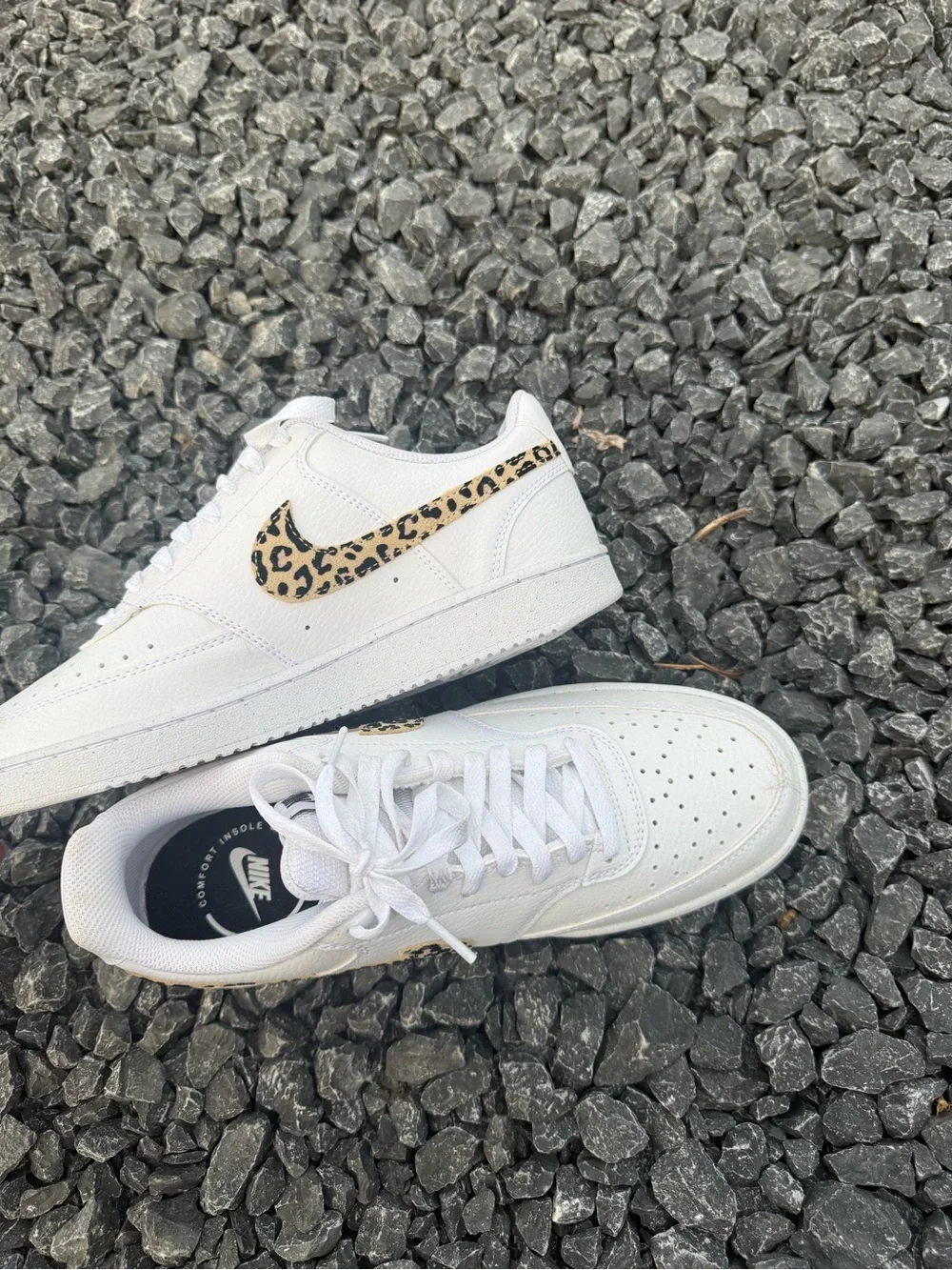 Nike womens White Sneakers with Leopard-Print Swoosh